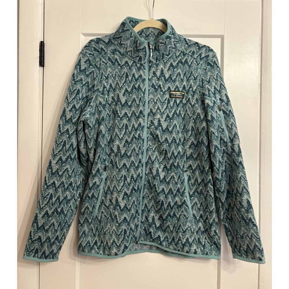 LL Bean Women's Large Green Chevron Sweater Fleece‎ Full Zip Jacket